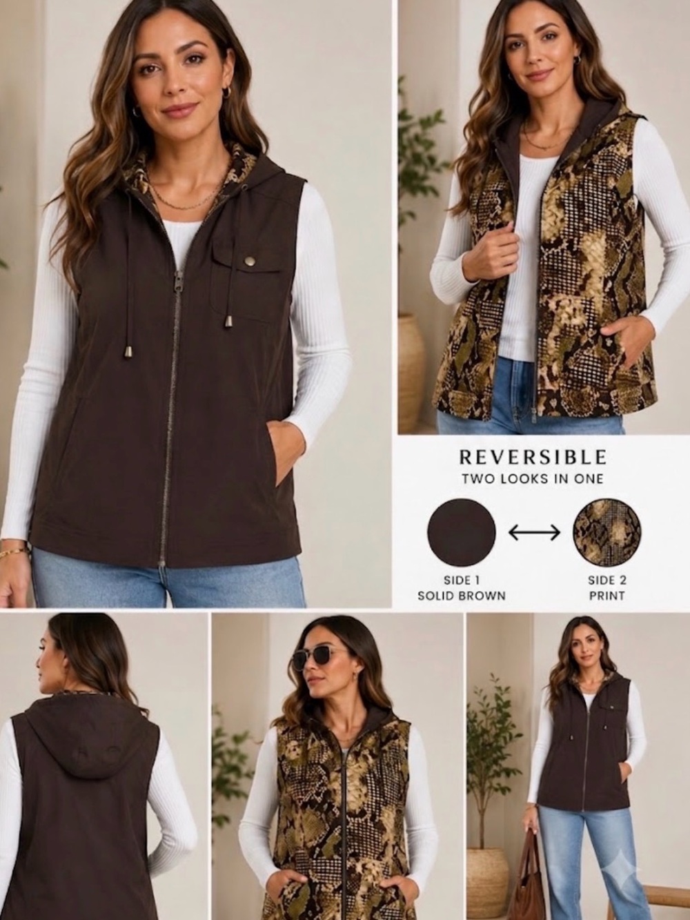Zenergy Chico's Reversible Hooded Vest in Brown and Snake Print Size 0